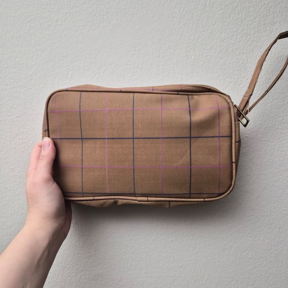 Playboy Vintage Windowpane Plain Tan Plaid Toiletry Bag Made In Korea - Picture 2 of 4